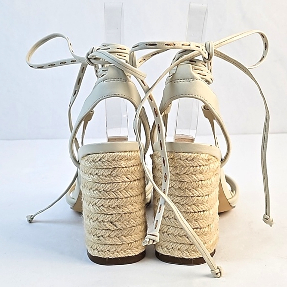 Gibson Latimer Tasha Sheep Leather Cream Open Toe Ankle Wrap Block Heel Sandal - Picture 8 of 16